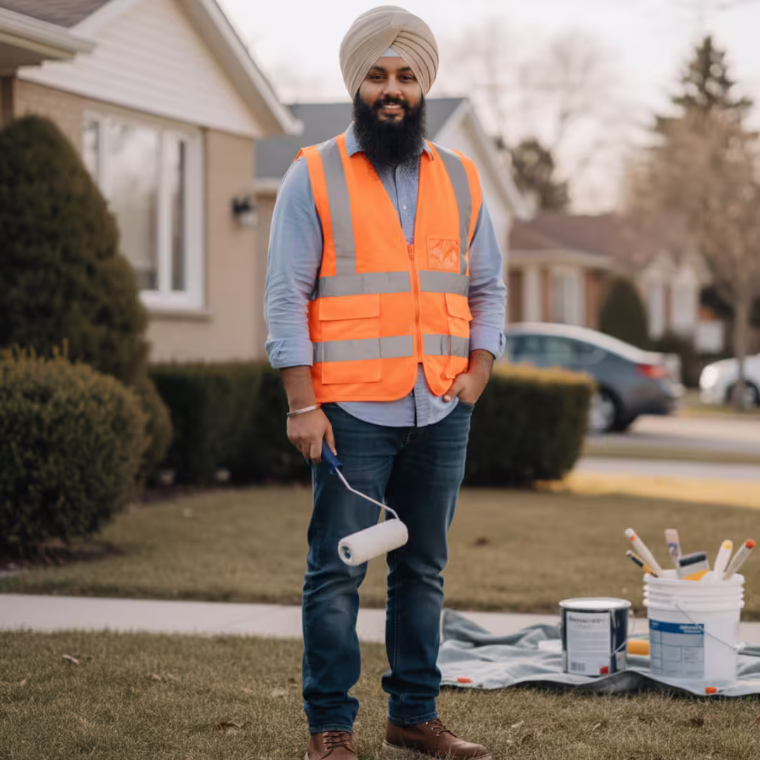 Jaspreet Singh, owner of Kesri Contractors in Scarborough, standing confidently with painting tools in front of a suburban home